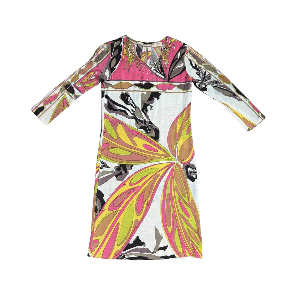Emilio Pucci Vintage Long Sleeve Geometric Printed Grommet Midi Dress
